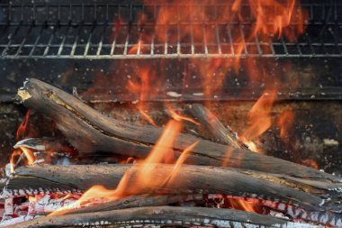 Preparation fire to BBQ in flame of fire from burning charcoal log an bonfire the grill