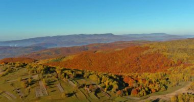 Autumn scene landscape amazing panorama in the mountains of forest with aerial top view