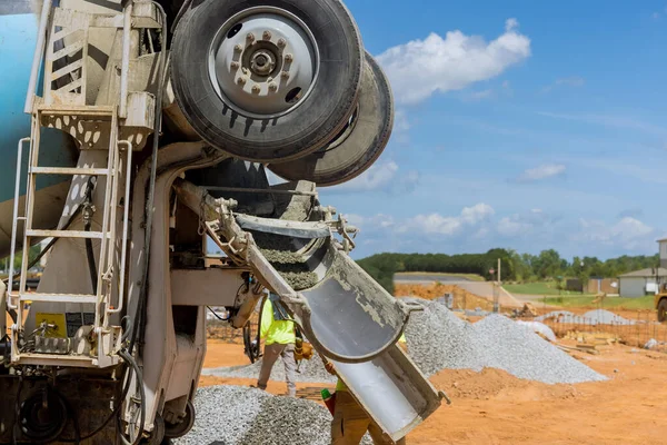 Preparation Foundation Pouring Concrete Concrete Mixer Truck Being Delivered Prepare — Foto de Stock