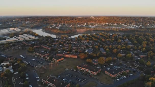 Small Residential Area River Enveloped Autumn Fog Early Morning — Stockvideo