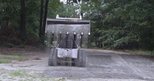 Reconstruction Old Road Transports Bobcat Tractor Moving Unloading Gravel — Video Stock