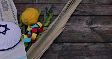 Decorations Jewish holiday traditional symbols celebration of Sukkot with species etrog, lulav, hadas, arava