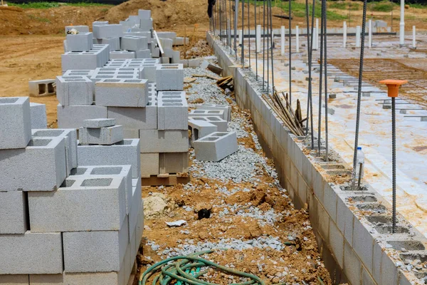 Preparation Laying Mounting Wall Aerated Concrete Blocks Building Construction Site — Stockfoto