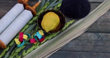 Symbols festival of Jewish holiday traditions for Sukkot celebrating with etrog, lulav, hadas, and arava