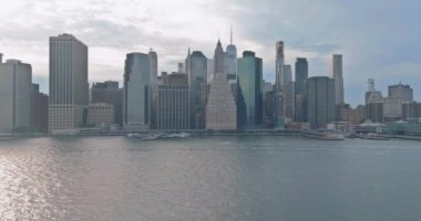 An aerial view of the cityscape Manhattan downtown skyline on the Hudson River in midtown New York