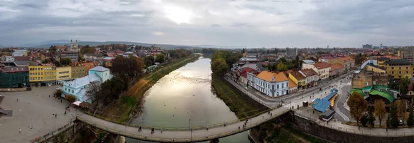 It is possible to see the old part of the European city Uzhgorod in Transcarpathia Ukraine aerial view near the Uzh river