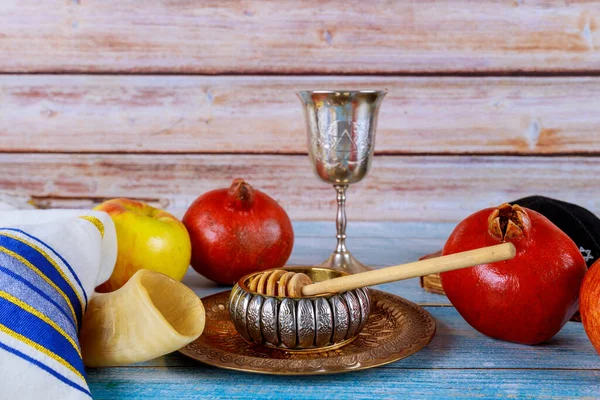 Orthodox Traditional Holiday New Year Symbols Rosh Hashanah Display Bowl — Stock Photo, Image