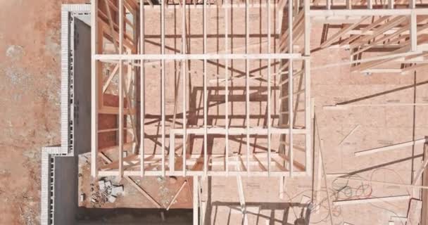 New Build Wooden Truss Timber Trusses Frame Beam Framework Aerial — Stock Video
