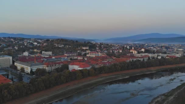 Aerial View Part European City Uzhgorod Uzh River Transcarpathia Ukraine — Stockvideo