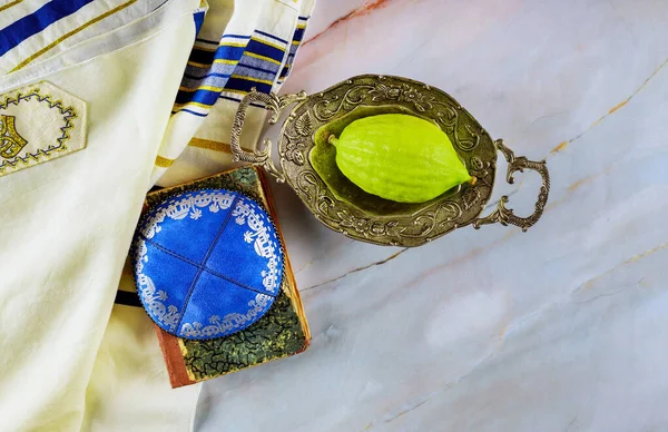 Sukkot Jewish Holiday Celebrated Autumn Traditional Symbols Associated Etrog Lulav — Stock Photo, Image