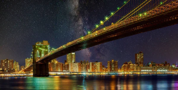 布鲁克林大桥一夜间与摩天大楼著名的纽约全景曼哈顿天际线 — 图库照片