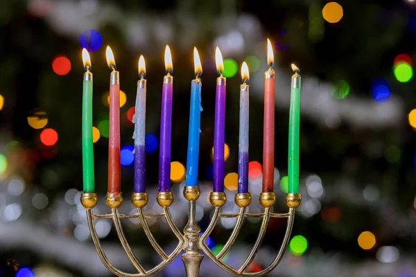 Hanukkiah Menorah Met Brandende Kaarsen Wazig Bokeh Joods Vakantiesymbool Voor — Stockfoto