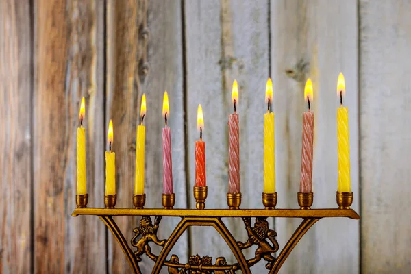 Židovská Svíčka Zapálena Menorah Rámci Příprav Festival Chanuka Jeho Symboly — Stock fotografie