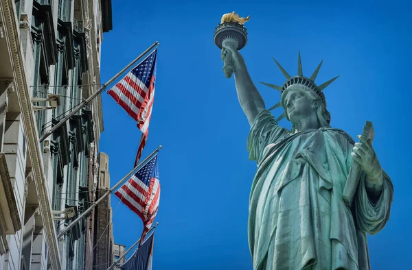 View Statue Liberty Building Flying Flag United States America — Stock Photo, Image