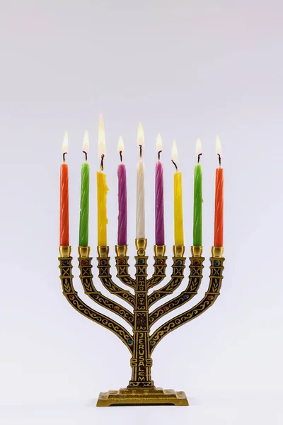 Hanukkah Festival Menorah Jewish Holiday White Background Copy Space — Stock Photo, Image