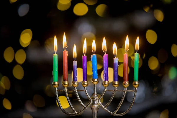 Żydowskie Święto Chanuka Symbolizowane Przez Chanukę Menorah Spaliła Świece Rozmytym — Zdjęcie stockowe
