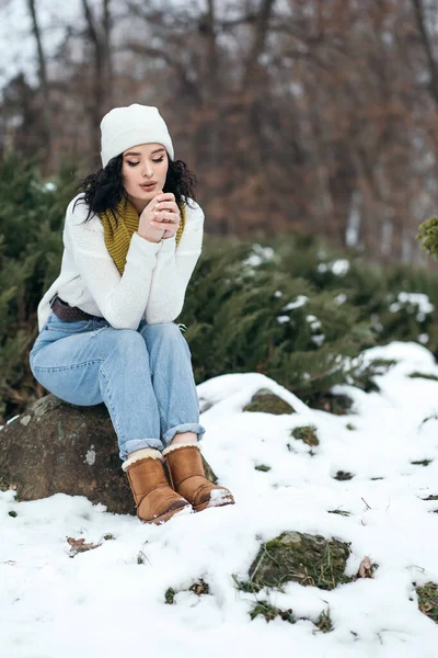 美しい女性の笑顔が通りの外に立つ雪の古い公園の森の天気冬の休日新年クリスマスは暖かいセーターやスカーフを編んだ服を着て 青い目のコピースペースぼやけたボケの背景 — ストック写真