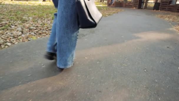 Close Side View Unrecognizable Teenage Woman Walking Legs Eco Leather — Stock Video