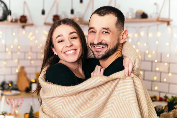 Lovely Romantic Couple Standing Kitchen Hugging Kissing Wrapped Blanket Home — Stock Photo, Image