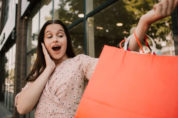 Shocked Lady Hold Hands Many Bags Shopper Woman Dressed Pink — Stockfoto