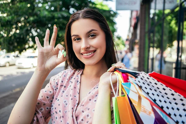 Attractive Dark Hair Lady Hold Many Bags Shopper Woman Dressed — Stockfoto