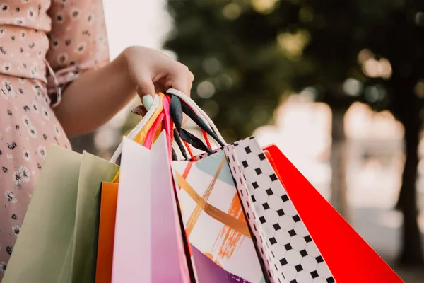 Cropped Image Lady Hold Hands Many Bags Shopper Woman Dressed — Stockfoto