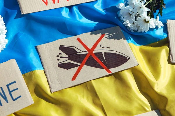 Ukrainische Gelb Blaue Flagge Auf Dem Boden Mit Protestschildern Nationales — Stockfoto