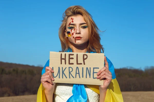 Helft Der Ukraine Frau Ukrainische Gelb Blaue Fahne Mit Protestschild — Stockfoto