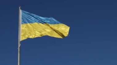 Ukrayna 'nın sarı mavi bayrağı rüzgarda dalgalanıyor. Ukrayna 'nın gökyüzündeki ulusal sembolü. Özgürlük kavramı.