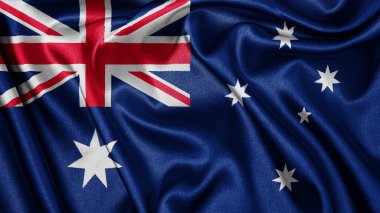 Avustralya 'nın dalgalı arka planında dalgalanan gerçekçi doku kumaş ipekten saten bayrağını kapatın. Ülkenin ulusal sembolü. 26 Ocak, Mutlu Gün konsepti