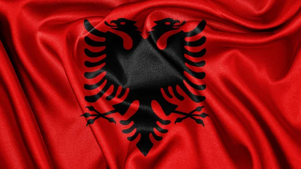 Close Realistische Textuur Textiel Zijde Satijnen Vlag Van Albanië Zwaaien — Stockfoto