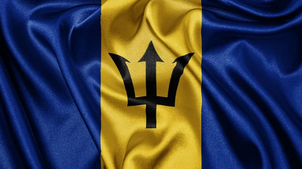 バルバドスの現実的なテクスチャ生地の絹のサテンの旗をなびかせ背景を閉じます 国の国のシンボル 11月30日ハッピーデーのコンセプト — ストック写真