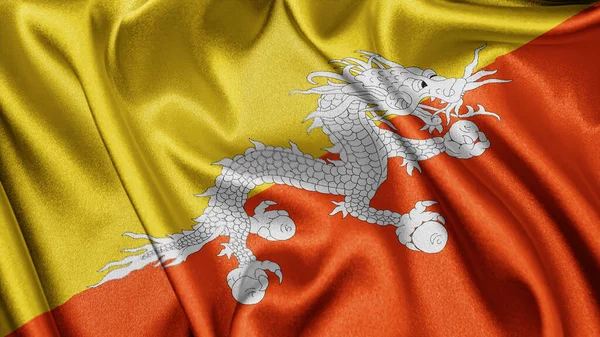 Close Realistische Textuur Textiel Zijde Satijnen Vlag Van Bhutan Zwaaien — Stockfoto