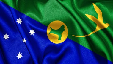 Noel Adası 'nın dalgalanan arka planının gerçekçi kumaş kumaş kumaş ipek saten bayrağını kapatın. Ülkenin ulusal sembolü. Mutlu Günler konsepti