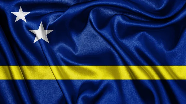 Curacao 'nun dalgalanan arka planının gerçekçi dokusu kumaş ipek saten bayrağını kapat. Ülkenin ulusal sembolü. 10 Ekim, Mutlu Gün konsepti