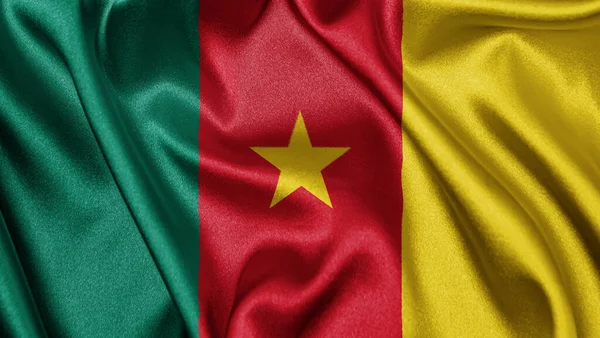 Kamerun dalgalanan arka planının gerçekçi dokusu, tekstil kumaşı ipek saten bayrağını kapat. Ülkenin ulusal sembolü. 20 Mayıs, Mutlu Günler konsepti