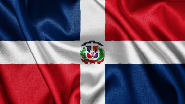 Dominik Cumhuriyeti 'nin dalgalanan arka planında gerçekçi kumaş kumaş ipek saten bayrağını kapatın. Ülkenin ulusal sembolü. 27 Şubat, Mutlu Gün konsepti