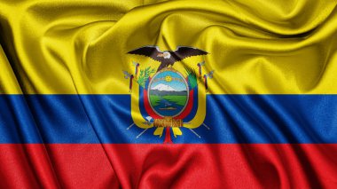 Ekvador 'un dalgalanan arka planının gerçekçi desenli kumaş kumaşlı saten bayrağını kapat. Ülkenin ulusal sembolü. 10 Ağustos, Mutlu Günler konsepti