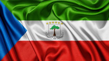 Ekvator Ginesi dalgalanan arka planının gerçekçi dokusu kumaş kumaş saten bayrağını kapatın. Ülkenin ulusal sembolü. 12 Ekim, Mutlu Gün konsepti