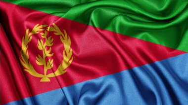 Eritrea 'nın dalgalanan arka planının gerçekçi dokusu kumaş ipekten saten bayrağını kapat. Ülkenin ulusal sembolü. 12 Ekim, Mutlu Gün konsepti