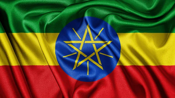 Close Realistico Tessuto Tessitura Seta Raso Bandiera Dell Etiopia Sventolando — Foto Stock