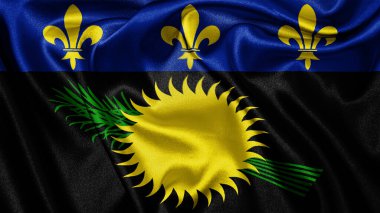 Guadeloupe dalgalanan arka planının gerçekçi dokusu, kumaş ipeği saten bayrağını kapat. Ülkenin ulusal sembolü. 14 Temmuz, Mutlu Günler konsepti
