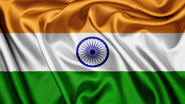 Close up realistic texture fabric textile silk satin flag of India waving fluttering background. National symbol of the country. 15th of August, Happy Day concept
