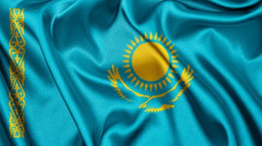 Gerçekçi dokuyu kapat. Kumaş kumaş. Kazakistan 'ın dalgalanan arka planının saten bayrağı. Ülkenin ulusal sembolü. 16 Aralık, Mutlu Günler konsepti