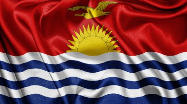 Close up realistic texture fabric textile silk satin flag of Kiribati waving fluttering background. National symbol of the country. 12th of July, Happy Day concept