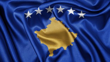 Kosova 'nın dalgalı arka planında dalgalanan gerçekçi kumaş kumaş kumaş ipek saten bayrağını kapatın. Ülkenin ulusal sembolü. 17 Şubat, Mutlu Gün konsepti