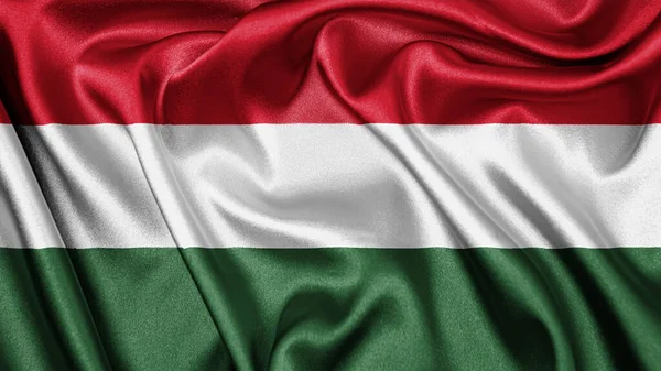 Close Realistische Textuur Textiel Zijde Satijnen Vlag Van Hongarije Zwaaien — Stockfoto