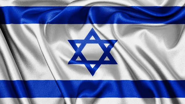 Close up realistic texture fabric textile silk satin flag of Israel waving fluttering background. National symbol of the country. 4th of May, Happy Day concept