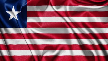 Liberya 'nın dalgalanan arka planının gerçekçi kumaş kumaş kumaş ipek saten bayrağını kapatın. Ülkenin ulusal sembolü. 26 Temmuz, Mutlu Günler konsepti