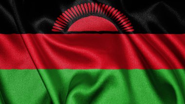 Malavi 'nin dalgalanan arka planının gerçekçi dokusu, tekstil ipeği saten bayrağını kapat. Ülkenin ulusal sembolü. 6 Temmuz, Mutlu Günler konsepti